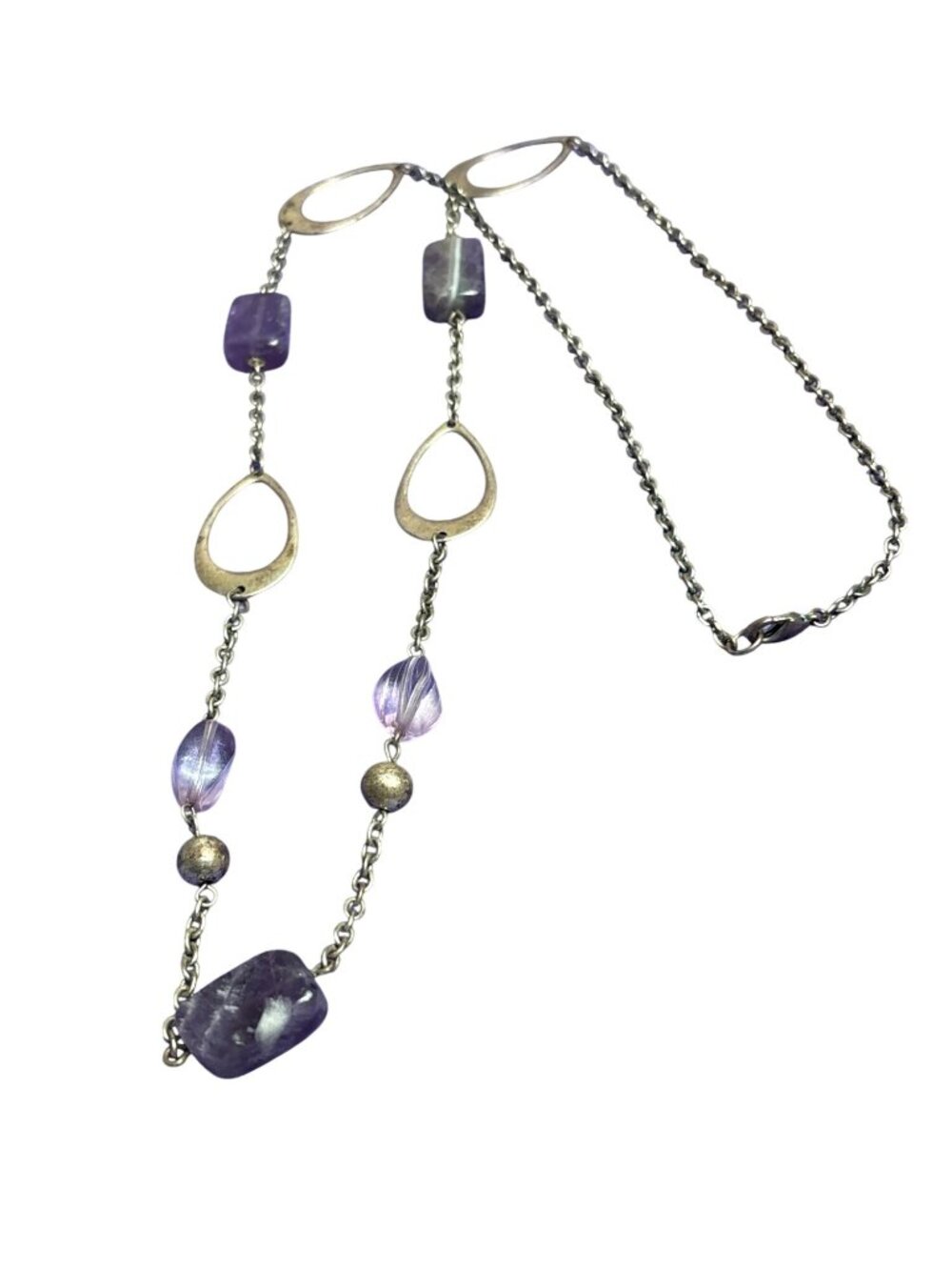Distressed / Worn Goldtone Chain Necklace Amethyst Stone Purple Station Beads